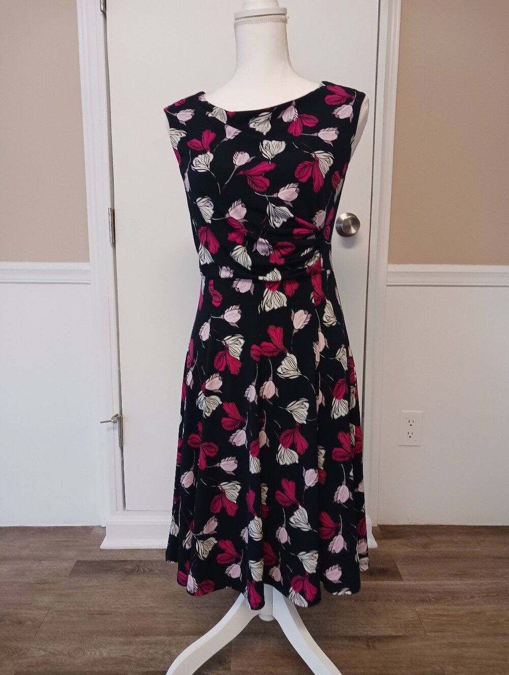 Ann Taylor Black Midi Dress with Pink & White Floral Print Size 4
